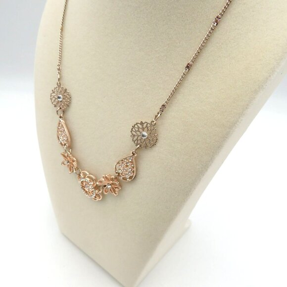 Lauren Conrad Necklace Rose Gold Tone Floral Bib Rhinestone 18" Adjustable Chain - Picture 8 of 8